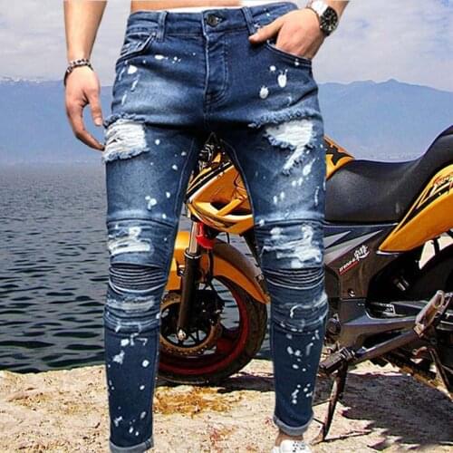 Spring Summer Casual Biker Ripped Jeans Skinny Stretch Jeans Men Hip Hop Slim Harem Homme Brand Denim Hole Pencil Pants BLACK