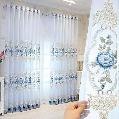European Luxury Blue Peony Embroidered Tulle Curtain for Living Room Bedroom Sheer Panel American Villa Home Decoration Voile#4