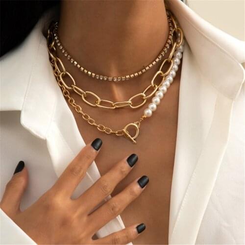 DIEZI Fashion Simple Imitation Pearl Rhinestone Choker Necklace Korean Circle Pendant Necklaces Women Statement Gift Jewelry