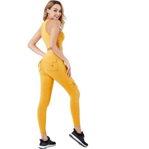 NORMOV New Women Tooling Two-Piece Suit Seamless High Waist Pocket Fitness Sets Female Elastic Push Up Bra Workout Set Woman