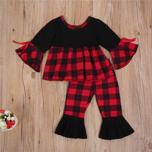 Little Girls 2-piece Suit Flared Plaid Trousers +Long Flared Sleeve with Drawstring Lace Pullover Top Autumn Clothes