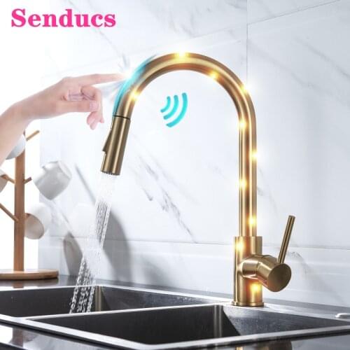 Brushed Gold Touch Kitchen Faucets Senducs Pull Down Hot Cold Kitchen Mixer Tap Smart Touch Control Kitchen Mixer Faucets