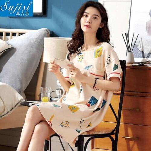 2021Spring and Summer New Womens Nightdress Cotton Round Neck Casual Home Wear Sleepwear Women Nightwear Sleep Tops Night Gown