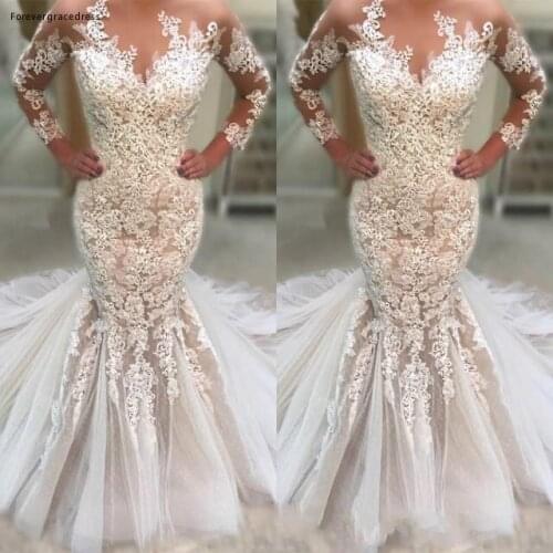 New Arrival Cheap African Long Sleeves Wedding Dress Mermaid Sheer Tulle Lace Garden Country Church Bride Bridal Gown