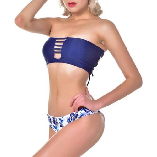 New Women Bikini Set Solid Color Strapless Push-up Bra Swimwear Swimsuit 2 Pieces Set Hollow Triangle Bathing Suit Low Waist