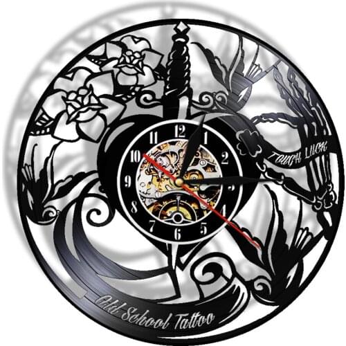 Old School Tattoo Studio Vinyl Record Wall Clock Tattoo Salon Shop Wall Watch Tattoo Machine Wall Art Decor Gift For Hipster Men