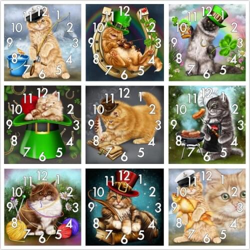Dpsupr Full Diamond Painting Cross Stitch With Clock Mechanism Mosaic 5D Diy Square Round Animal Cat Cartoon 3d Embroidery Gift