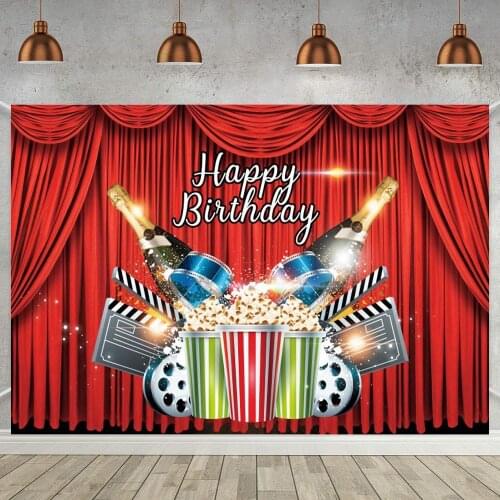 Popcorn Champagnes Movie Theme Party Backdrop Photography Red Curtain Stage Show Customize Kids Birthday Photo Background Poster