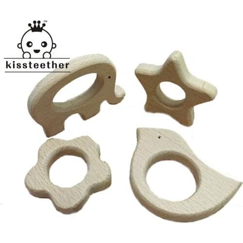 DIY Baby Teether Toys Organic Natural Beech Wooden Elephant-Bird-Star-Flower Hand Cut Toys Baby Wooden Teether Gift