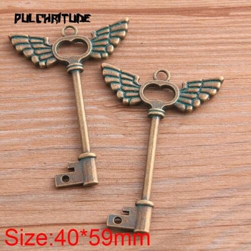PULCHRITUDE 2pcs 40*59mm 2020 New Green Bronze Metal Zinc Alloy Wing Key Charms Fit Jewelry Medical Plant Pendant Charms Makings
