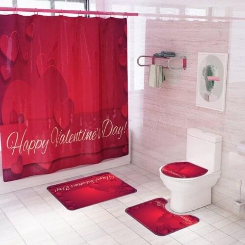 Happy Valentines Day Bathroom Shower Curtain and Rug Sets Love Pattern Bathtub Curtains Screen Toilet Lid Cover Bath Mat Set