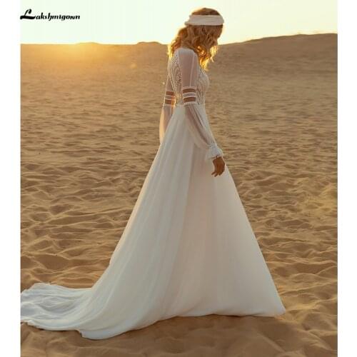 Robes de mariage Long Sleeve Lace Chiffon Boho A Line Wedding Dresses With Buttons Bohemian style vestido de fiesta de boda 2021