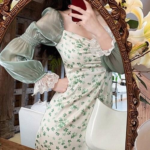 Korean Summer Chiffon Lace Floral Dress Elegant Party One Piece Dress Women Green Puff Sleeve Vintage Midi Dress New