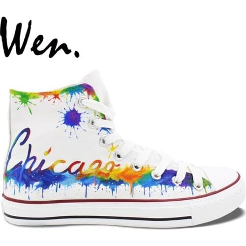 Wen Hand Painted Shoes Design Custom Sneakers Chicago City Skyline White High Top Men Womens Canvas Sneakers