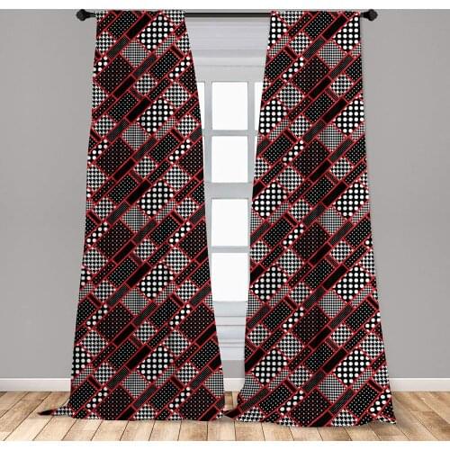 Red and Black Window Curtain Geometric Rectangle Frames Retro Patterns Polka Dots and Houndstooth Curtain with Rod Pocket