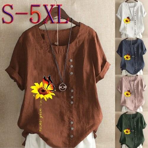 Summer Fashion Tops & Blouses Women Casual Loose Vintage Flower Printed T-shirts Round Neck Plus Size Short Sleeve S-5XL