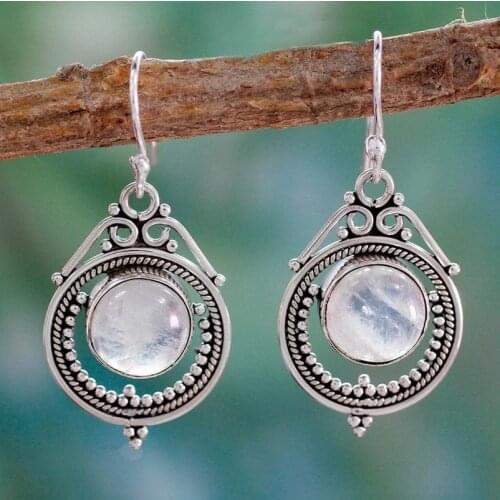2020 Antique Style Geometry Moonstone Drop Earrings for Women Boho Round White Opal Earrings Female Zircon Wedding Jewelry