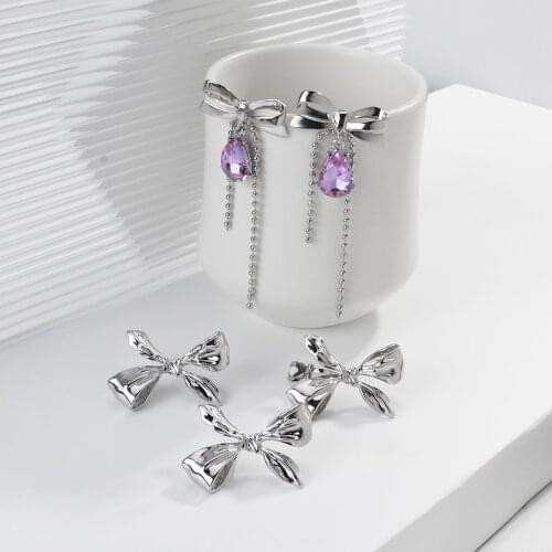 AENSOA Fashion Crystal Tassel Dangle Drop Earrings for Women Unusual Alloy Bow Ear Cuff Clip Earring Without Piercing Jewelry