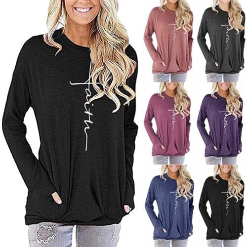 Autumn and Winter Womens Sweater Faith Printed Letter O Neck Pocket Long-Sleeved T-shirt Woman Tshirts Tops Harajuku Ropa Mujer