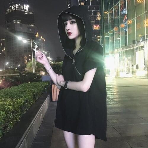Harajuku Hooded Mini Female Dress Dark Zip Loose Women Dress Cool Short Sleeve Straight Gothic Casual Streetwear Punk Dress