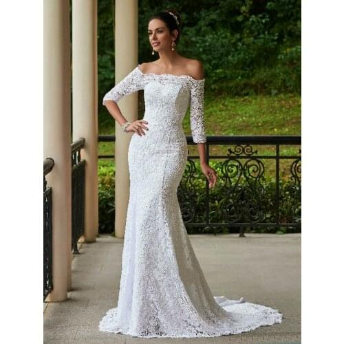 2019 Boat-neck half-sleeves natural Mermaid/Trumpet long lace Wedding Dresses/Formal gowns buttons&lace-up back free shipping