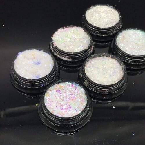1 Bag /6 Jars (2*2mm) Nail Glitter Powder Gradient Opal Irregular Glitter, White Irregular White Opal Chunky Nail Art Glitter