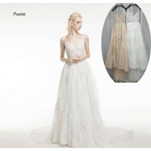 2017 Real Sample Ivory and Champagne Appliques Spaghetti Strap Tulle A-Line Evening Dresses Sleeveless Open Back Custom Made