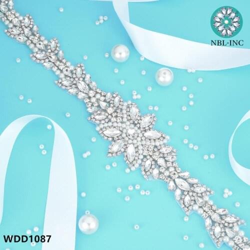 30PCS) Wholesale hand beaded bridal silver crystal rhinestone applique belt iron on sew on for wedding dress WDD1087