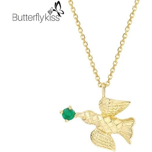 BK 9k Emerald Gemstone Necklace Carrier Pigeon Delivers Happiness Relief Design Genuine Gold 585 Pendant Necklace For Women