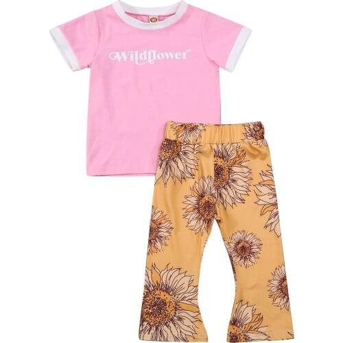 Children Girls Two Piece Sets Letter Print O Neck Short Sleeve Top Sun Flower Flare Pants Summer Baby Toddler Outfits 1-6T