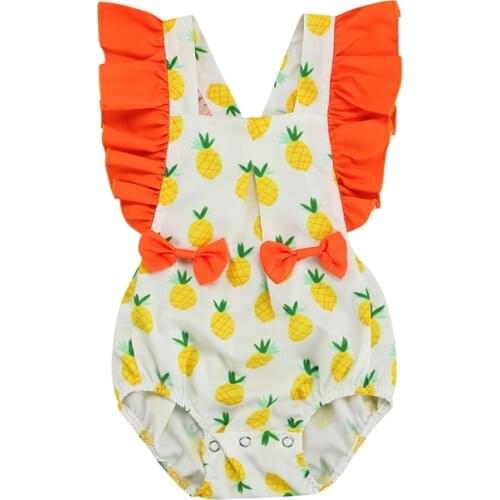 Breathable Baby Girls Romper Bodysuit Sweet Style Infant Summer Creative Strawberry/Pineapple Printing Fly Sleeve Jumpsuit