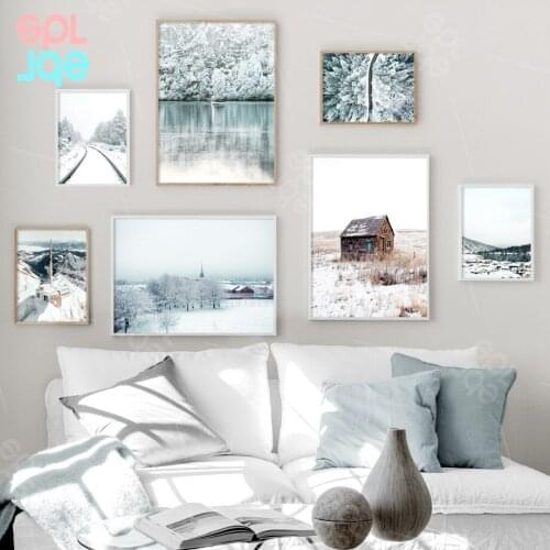 Snow Scene Canvas Painting Hut Railroad Lake High Definition Texture Poster Modern Home Wall Decoration Art Home Decoration