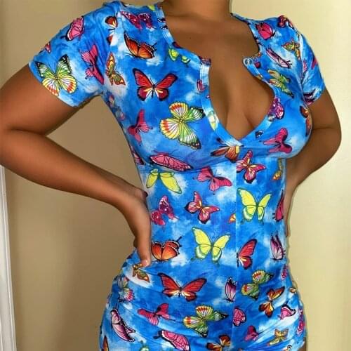 Summer Button Butterfly Print Plus Size Short Sleeve Jumpesuit Women Bodycon Romper Sexy Female Club Streetwear Clothes Lady