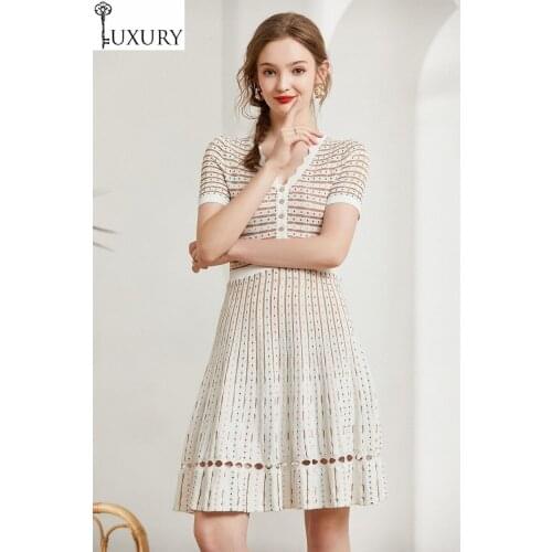 Summer High Quality 2020 Casual Long Sweater Women V-Neck Color Block Knitted Short Sleeve Dress Pullover