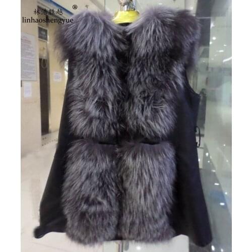Linhaoshengyue Senior Silver Fox Round Collar Leather Fur Vest Real Silver Fox Fur