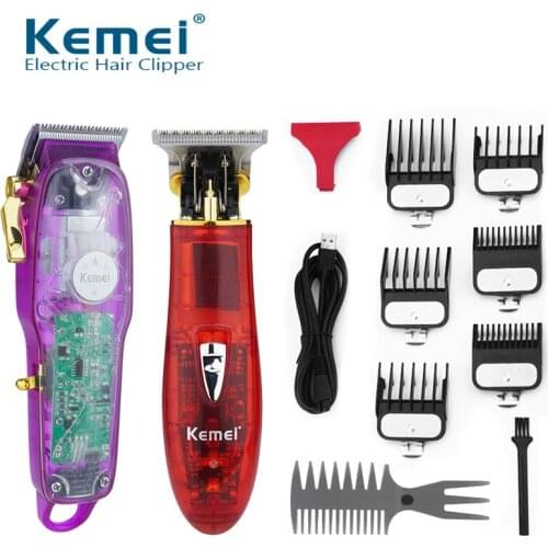 Kemei Transparent Hair Clipper USB Wireless Rechargeable Electric Clippers Mens Hair Trimmer R Type Precision Razor Styler 38D