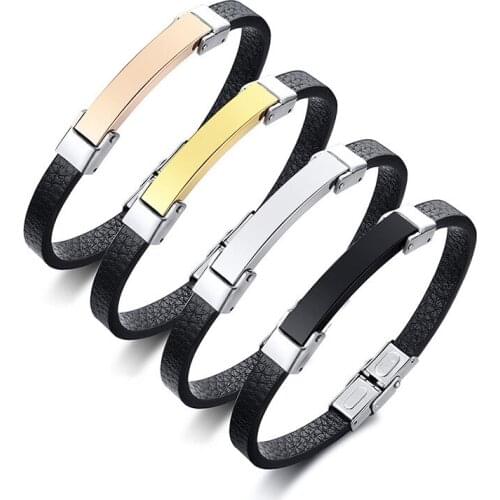 Minimalist Trendy Mens Bangle Leather and 316L Stainless Steel Geometrical Wristbands Customized Engraving Male Jewelry Gift