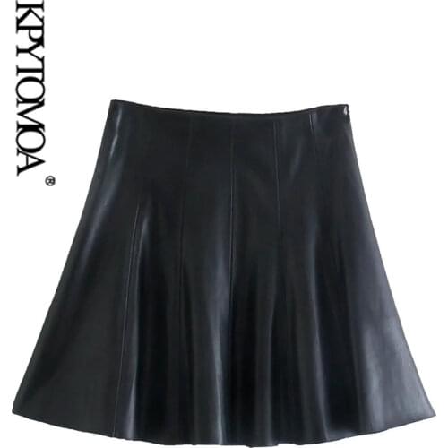 KPYTOMOA Women 2021 Fashion Faux Leather Mini Skirt Vintage High Waist Side Zipper Female Skirts Mujer