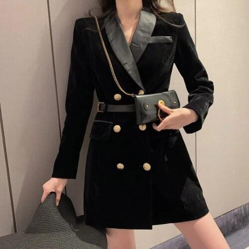 New 2021 Winter Elegant Velvet Suit Jacket Double Breasted Long Sleeve Ladies Black Belt Bag Womens Slim Suit Blazer Dress