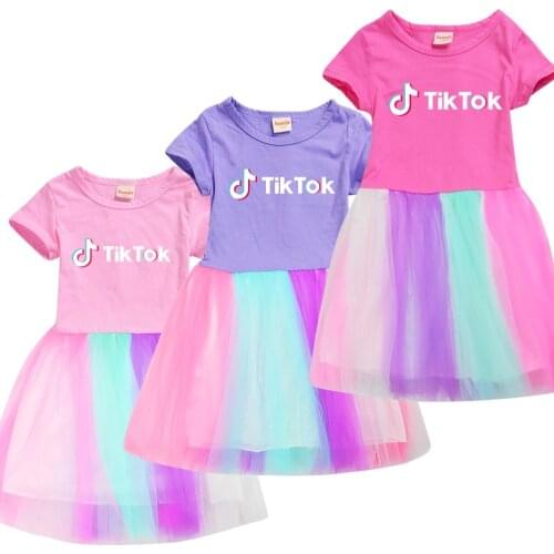 New TIK TOK Kids Girl Cotton Causal Dress Children Summer Print Tik Tok Cartoon Mesh Pleated Princess Rainbow Dress