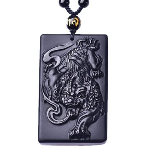Drop Ship Jade Jewelry Black Obsidian Unicorn Necklace Pendant Hand Carved Unicorn with Chain Lucky Amulet Pendant
