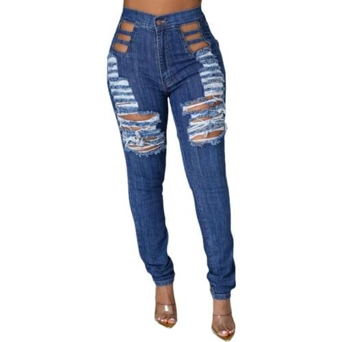 Sexy Women Jeans Ripped Hole Tassel Mid Waist Trousers Slim Solid Color Stretchy Denim Pencil Long Pants Trousers