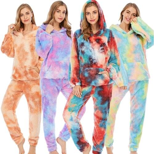 Tie Dye Print Winter Pajamas Set Women Sleepwear Warm Coral Fleece Long Sleeves Hooded Pajamas Homewear Thick Warm Home Suit