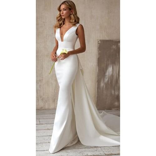 Simple Sleeveless Satin Wedding Dresses Mermaid Bridal Gowns With Detachable Tail