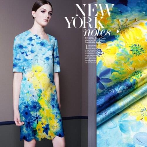 PRINTED SILK STRETCH SATIN 118cm width 19momme Silk Fabric with lighter blue/yellow flower for Sewing Women Vestidos/long Dress