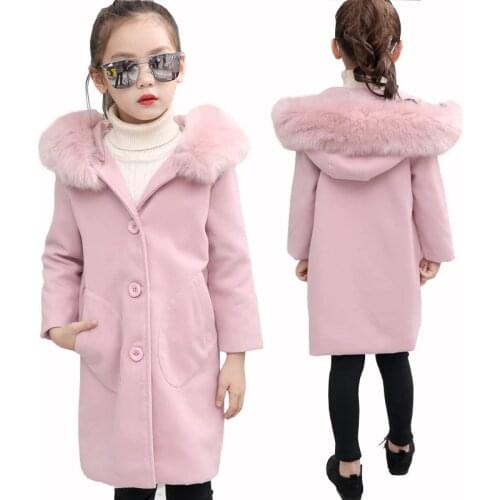 Girls Woolen Coat 2020 New Winter Girl Warm Coat Kids Big Fur Collar Outerwear Kids Girls Thick Fashion Jacket Hooded