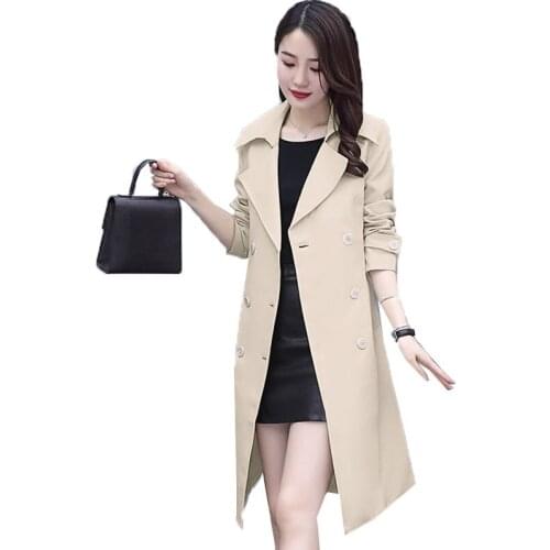 Womens Trench Coat 2020 New Autumn Windbreaker Mid-Long Double Breasted Large Size Slim Solid Color Coat Outwear With Belt
