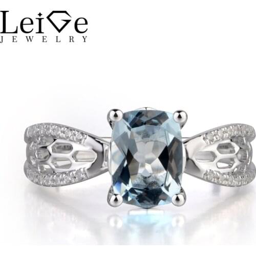 Leige Jewelry Natural Blue Aquamarine Fine Jewelry Cushion Shape Prong Setting Engagement Hollow Ring For Woman March Birthstone