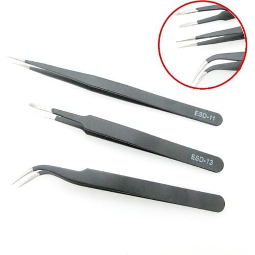 High quality 1pc Black Stainless Antistatic Curved Straight Tip Tweezers DIY Hand sewing supplies accessories Tools