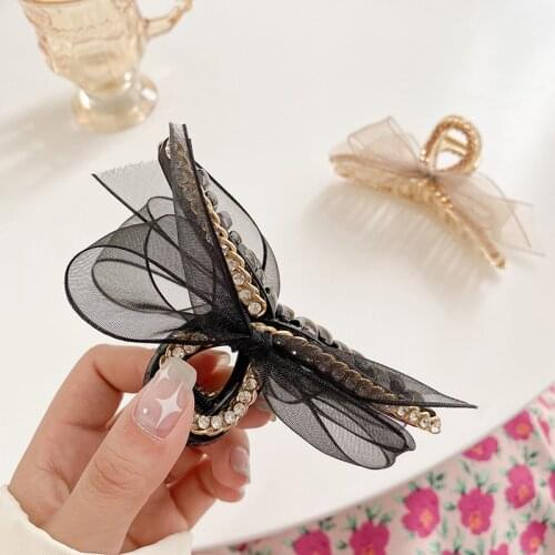 Korea Net Yarn Bow Gentle Fairy Rhinestone Catch Clip Korea Hair Accessories Women Styling Tools Catch Clip Hairpins Shark Clip